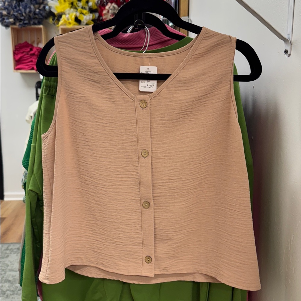 Tan Sleeveless Button-Up Top